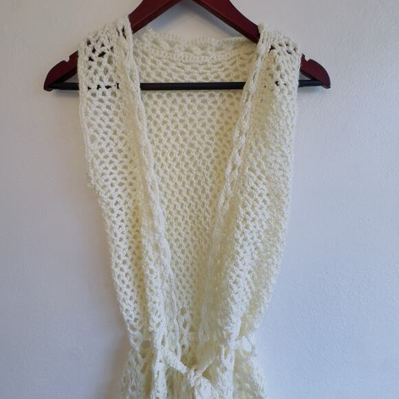 Handmade Crochet Sleeveless Cardigan Vest Ivory Tie Waist – One Size Boho Layer - Picture 5 of 8